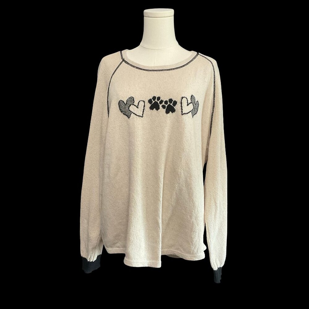 Beige/Black Knit Sweater w/ Paw Print Graphic